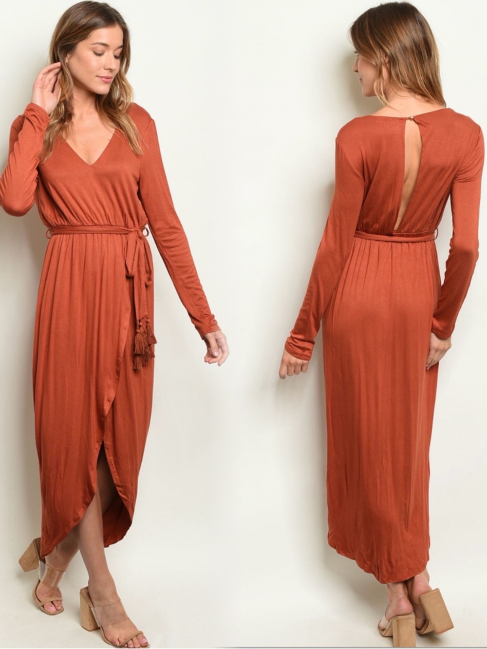Rust Long Sleeve V-Neck Wrap Maxi Dress